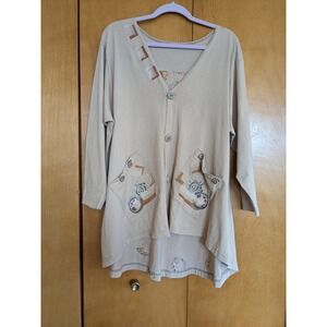 Vintage 90s Blue Fish Hand-Painted Organic Cotton Flamingo Cardigan / Jacket L